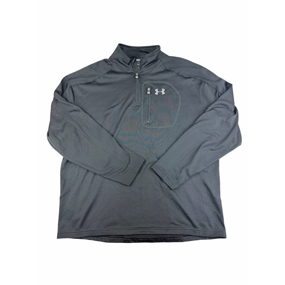 Under Armour Men Size L Quarter Zip Waffle Knit Pullover Chest Pocket Gray Black
